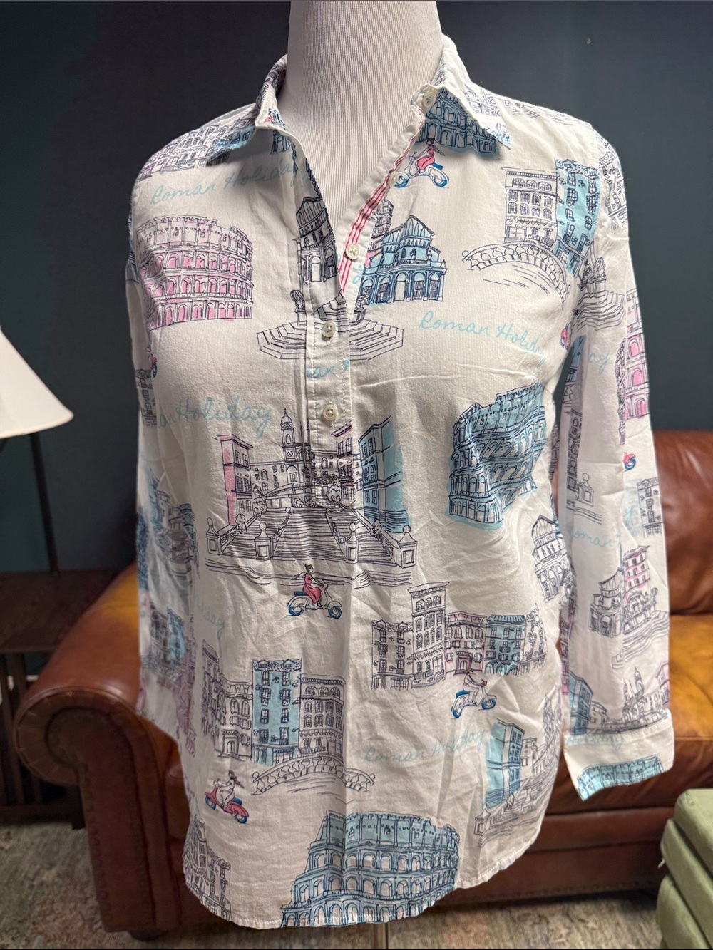 Talbots White Button-Down Shirt with Blue and Pink Roman Travel Print